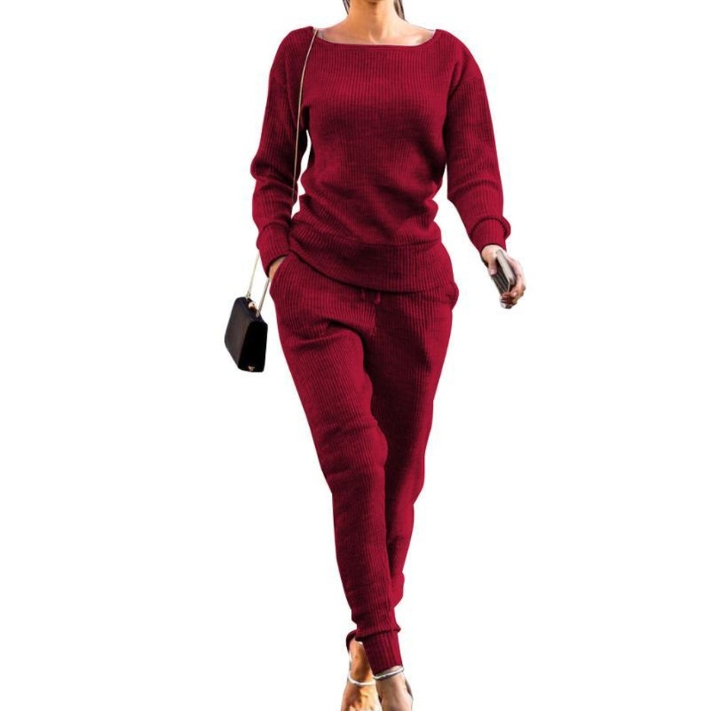 CASUAL O-NECK SWEATER HIGH WAIST PANT JUMPSUIT SET - Picture 2 of 5